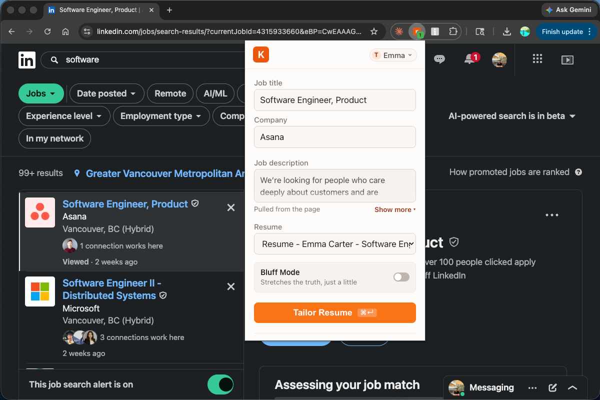Resume Karaage Chrome extension detecting a job on LinkedIn