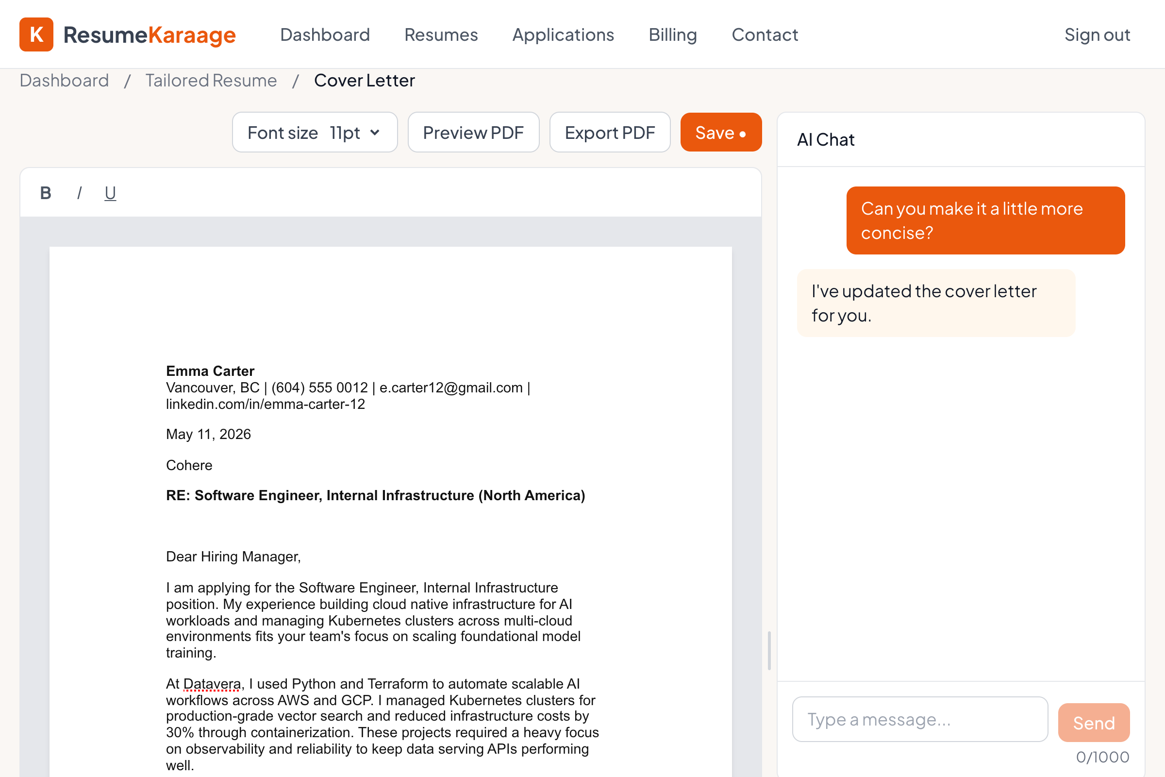 Cover letter editor with AI chat assistant for refining content