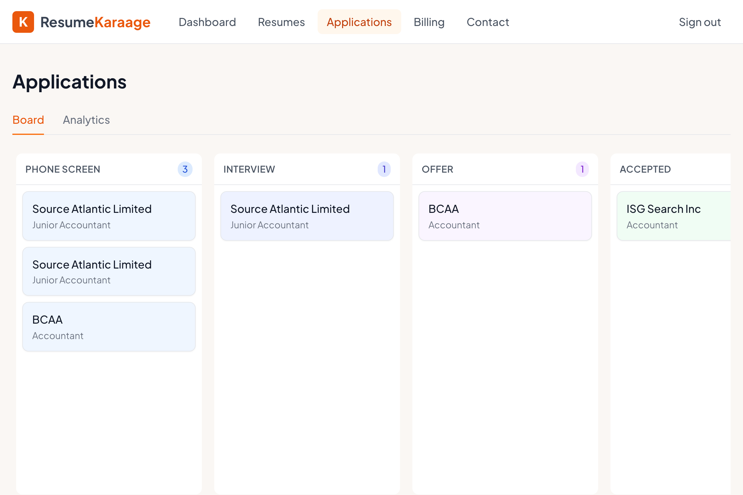 Kanban board tracking job applications across pipeline stages