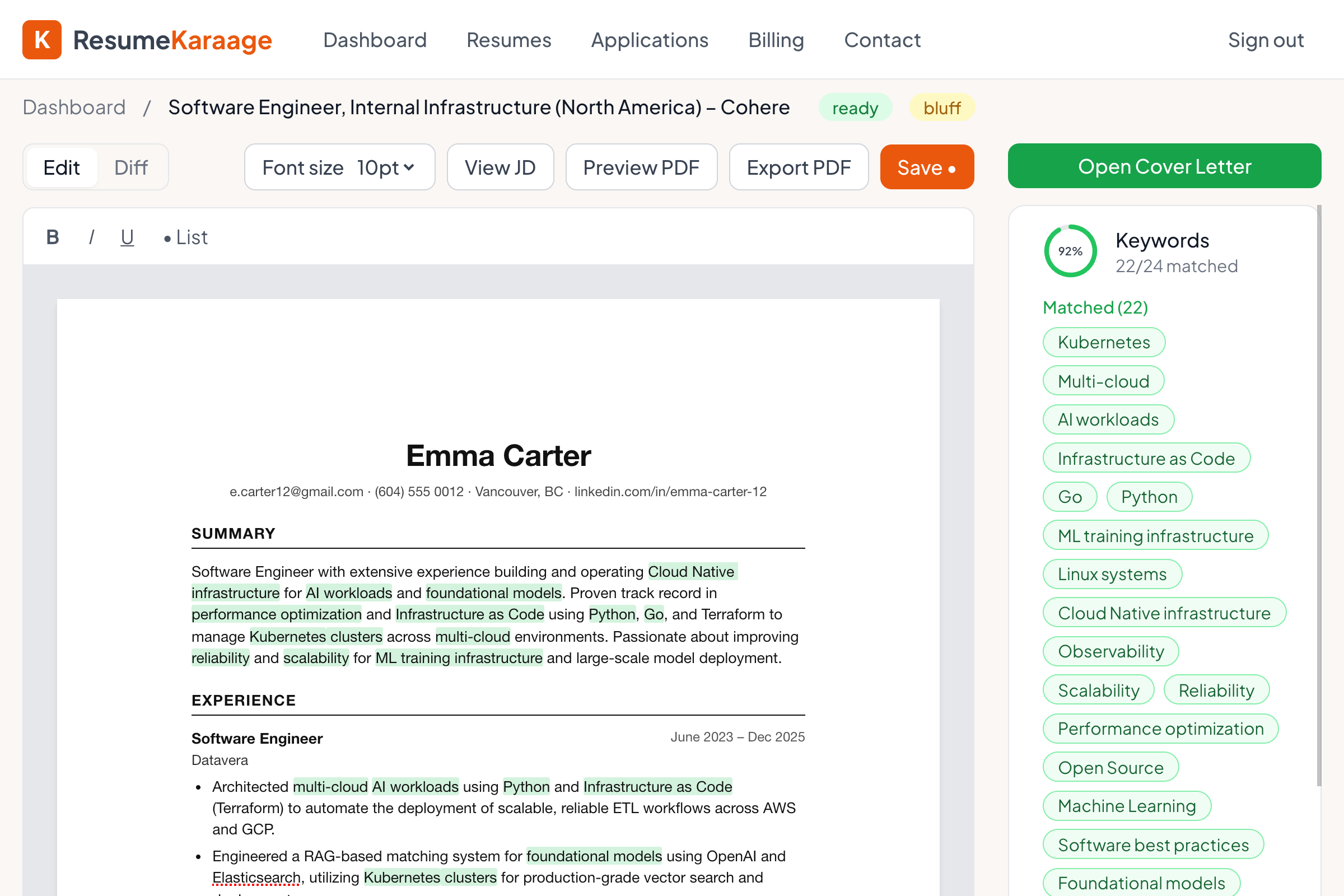 ResumeKaraage editor showing a tailored resume with ATS keyword matches highlighted